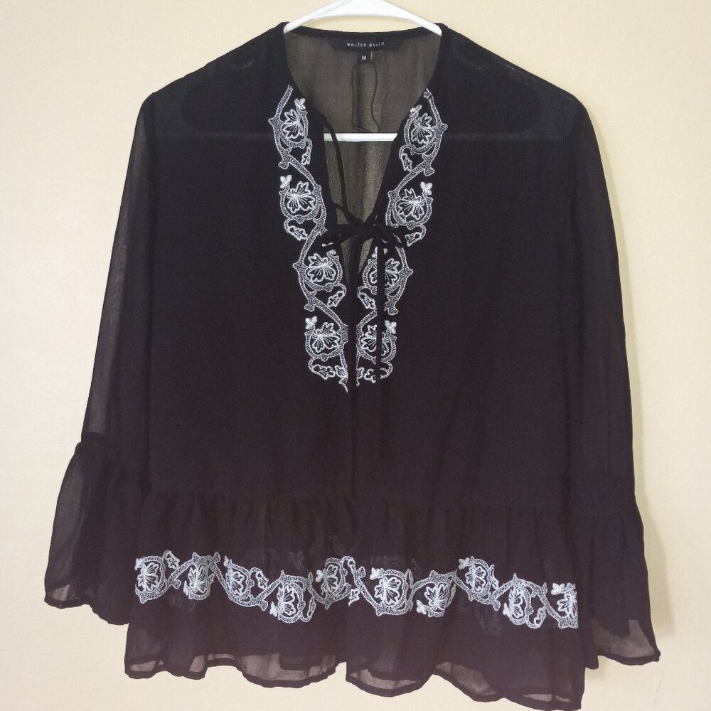 WALTER BAKER Black Sheer Top with White Decorative Accent Women's M